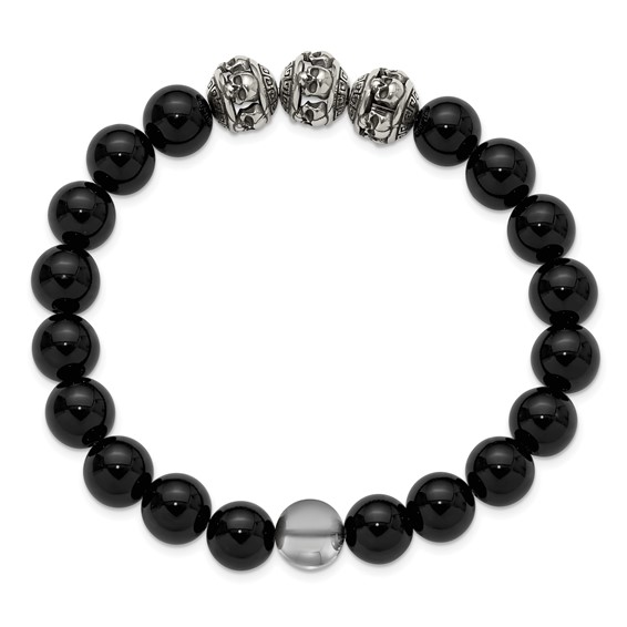 Chisel Stainless Steel Antiqued and Polished Skull Beads and Black Onyx 7.5 inch Stretch Bracelet