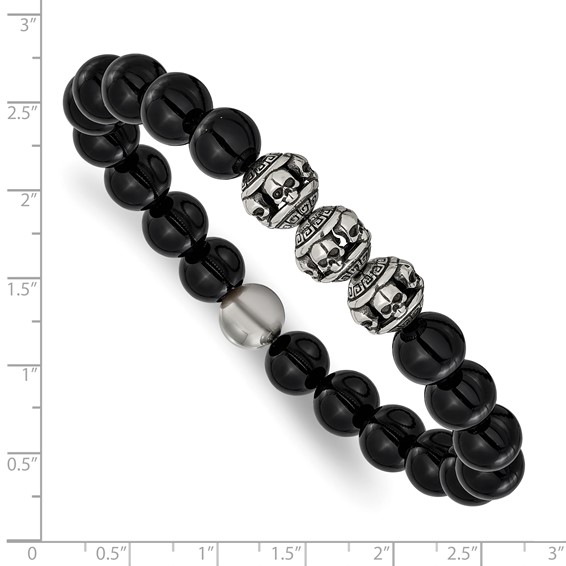 Chisel Stainless Steel Antiqued and Polished Skull Beads and Black Onyx 7.5 inch Stretch Bracelet