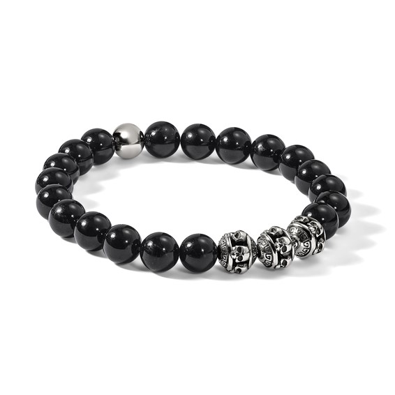 Chisel Stainless Steel Antiqued and Polished Skull Beads and Black Onyx 7.5 inch Stretch Bracelet