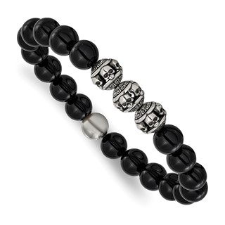 Chisel Stainless Steel Antiqued and Polished Skull Beads and Black Onyx 7.5 inch Stretch Bracelet
