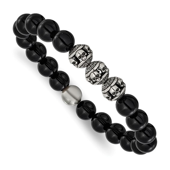 Chisel Stainless Steel Antiqued and Polished Skull Beads and Black Onyx 7.5 inch Stretch Bracelet