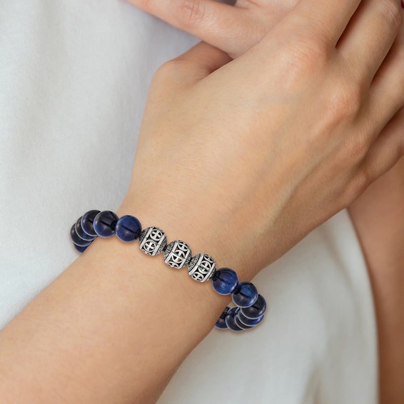 Chisel Stainless Steel Antiqued and Polished 10mm Blue Tiger's Eye Beaded 7.5 inch Stretch Bracelet