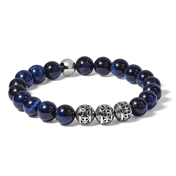 Chisel Stainless Steel Antiqued and Polished 10mm Blue Tiger's Eye Beaded 7.5 inch Stretch Bracelet