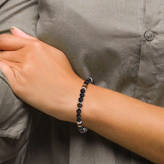 Chisel Stainless Steel Polished 6.710mm Black Onyx and Tiger's Eye Beaded 7.75 inch Stretch Bracelet
