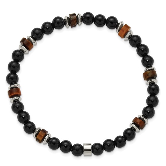 Chisel Stainless Steel Polished 6.710mm Black Onyx and Tiger's Eye Beaded 7.75 inch Stretch Bracelet