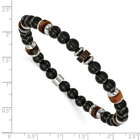 Chisel Stainless Steel Polished 6.710mm Black Onyx and Tiger's Eye Beaded 7.75 inch Stretch Bracelet