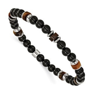 Chisel Stainless Steel Polished 6.710mm Black Onyx and Tiger's Eye Beaded 7.75 inch Stretch Bracelet