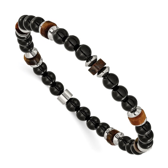 Chisel Stainless Steel Polished 6.710mm Black Onyx and Tiger's Eye Beaded 7.75 inch Stretch Bracelet