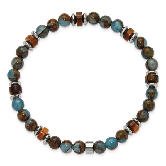 Chisel Stainless Steel Polished 6.60mm Blue Golden and Brown Tiger's Eye Beaded 7.75 inch Stretch Bracelet