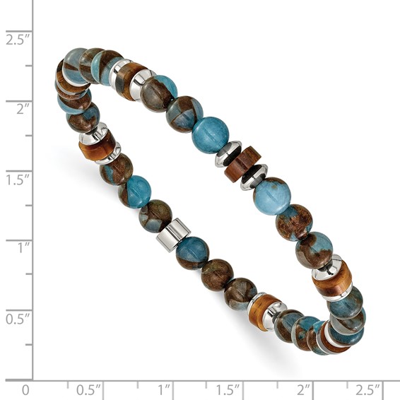 Chisel Stainless Steel Polished 6.60mm Blue Golden and Brown Tiger's Eye Beaded 7.75 inch Stretch Bracelet