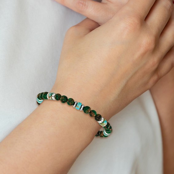 Chisel Stainless Steel Polished 6.60mm Marine-green Emperor and Green Golden Beaded 7.75 inch Stretch Bracelet
