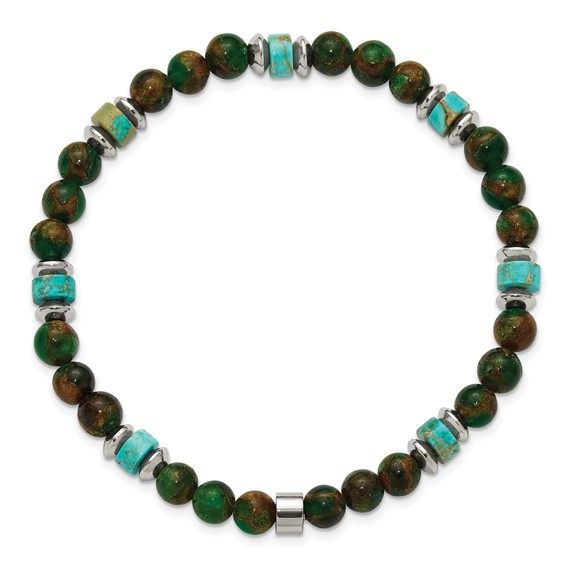 Chisel Stainless Steel Polished 6.60mm Marine-green Emperor and Green Golden Beaded 7.75 inch Stretch Bracelet