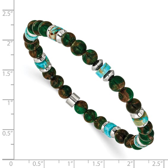 Chisel Stainless Steel Polished 6.60mm Marine-green Emperor and Green Golden Beaded 7.75 inch Stretch Bracelet
