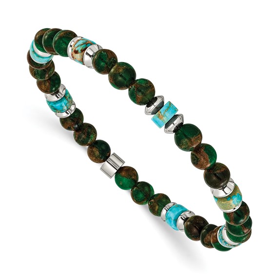 Chisel Stainless Steel Polished 6.60mm Marine-green Emperor and Green Golden Beaded 7.75 inch Stretch Bracelet