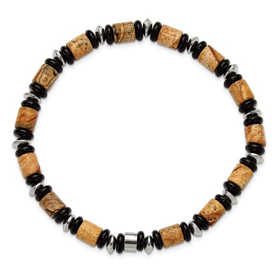 Chisel Stainless Steel Polished 6.60mm Black Onyx and Picture Jasper Beaded 8 inch Stretch Bracelet