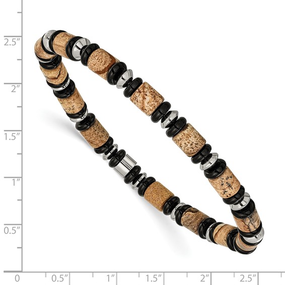 Chisel Stainless Steel Polished 6.60mm Black Onyx and Picture Jasper Beaded 8 inch Stretch Bracelet