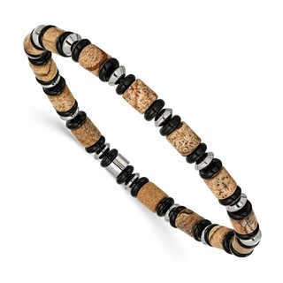Chisel Stainless Steel Polished 6.60mm Black Onyx and Picture Jasper Beaded 8 inch Stretch Bracelet
