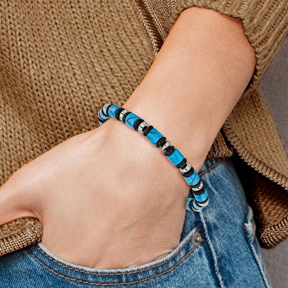 Chisel Stainless Steel Polished 6.50mm Turquoise and Black Onyx Beaded 7.5 inch Stretch Bracelet
