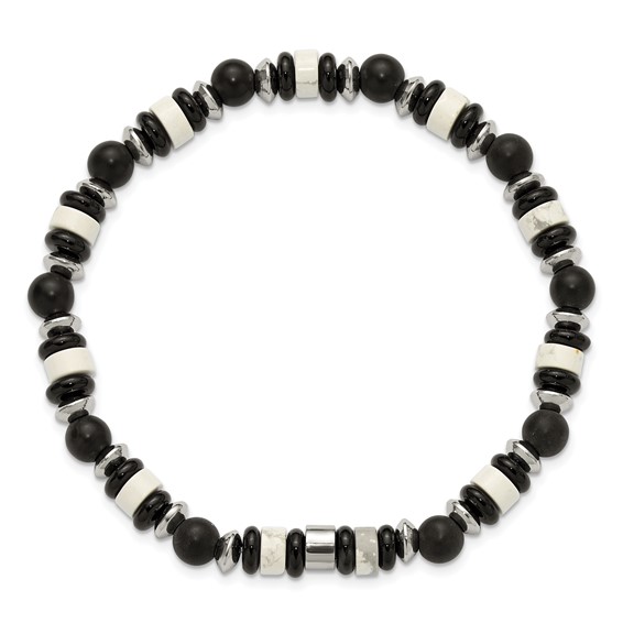 Chisel Stainless Steel Polished 6.50mm White Howlite and Black Onyx Beaded 7.5 inch Stretch Bracelet
