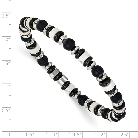 Chisel Stainless Steel Polished 6.50mm White Howlite and Black Onyx Beaded 7.5 inch Stretch Bracelet