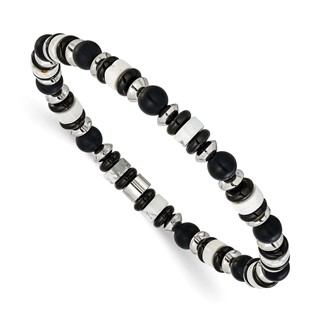 Chisel Stainless Steel Polished 6.50mm White Howlite and Black Onyx Beaded 7.5 inch Stretch Bracelet