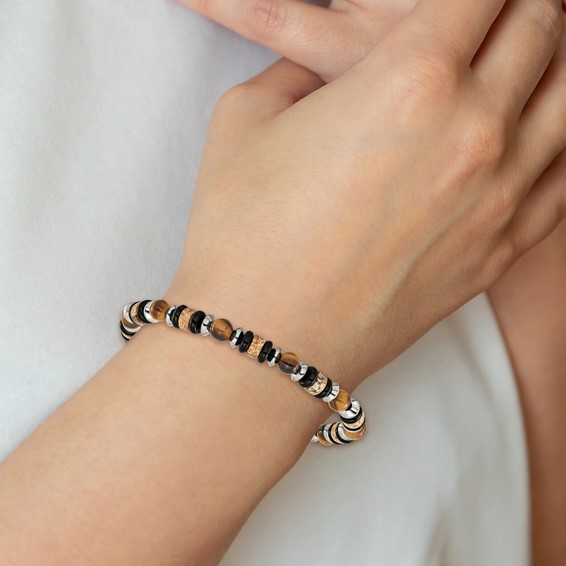 "Chisel Stainless Steel Polished 6.50mm Tiger's Eye, Picture Jasper and Black Onyx Beaded 7.5 inch Stretch Bracelet"