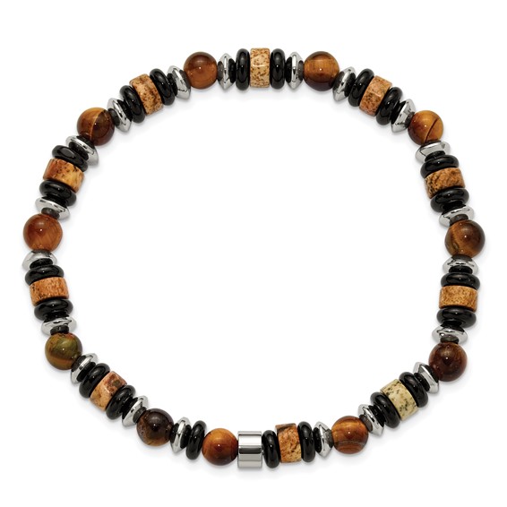 "Chisel Stainless Steel Polished 6.50mm Tiger's Eye, Picture Jasper and Black Onyx Beaded 7.5 inch Stretch Bracelet"