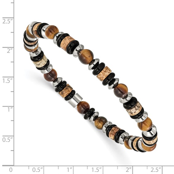 "Chisel Stainless Steel Polished 6.50mm Tiger's Eye, Picture Jasper and Black Onyx Beaded 7.5 inch Stretch Bracelet"