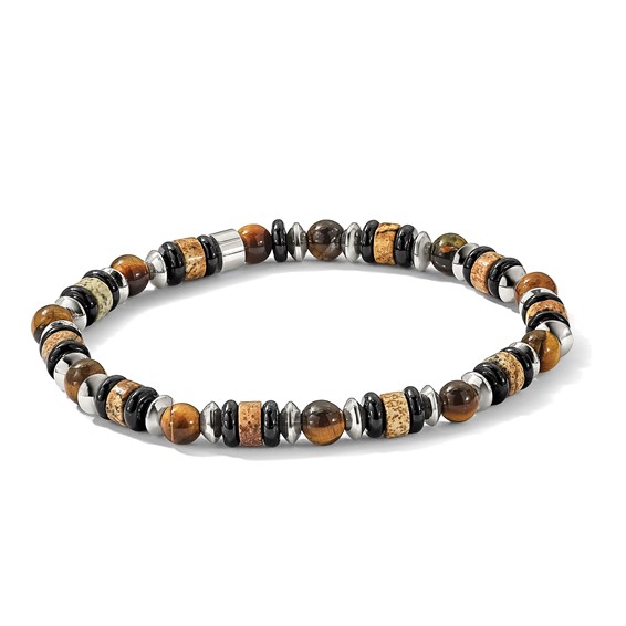 "Chisel Stainless Steel Polished 6.50mm Tiger's Eye, Picture Jasper and Black Onyx Beaded 7.5 inch Stretch Bracelet"