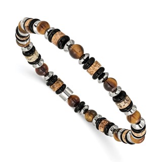 "Chisel Stainless Steel Polished 6.50mm Tiger's Eye, Picture Jasper and Black Onyx Beaded 7.5 inch Stretch Bracelet"