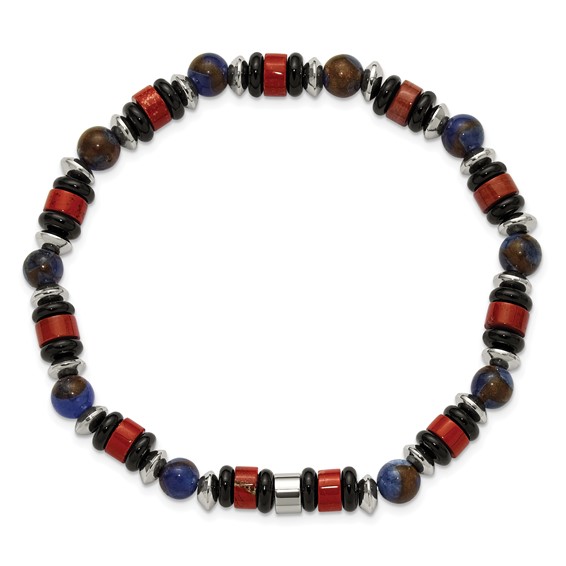 "Chisel Stainless Steel Polished 6.50mm Blue Golden, Red Agate and Black Onyx Beaded 7.75 inch Stretch Bracelet"