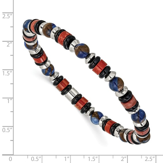 "Chisel Stainless Steel Polished 6.50mm Blue Golden, Red Agate and Black Onyx Beaded 7.75 inch Stretch Bracelet"