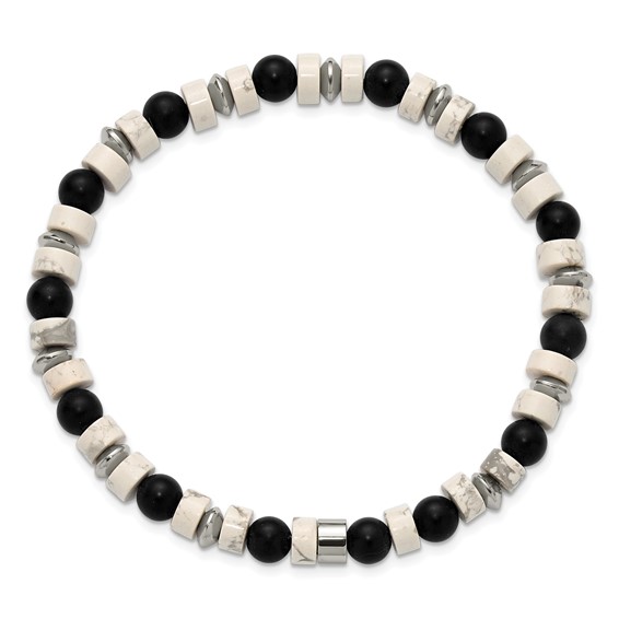 Chisel Stainless Steel Polished 6.60mm White Howlite and Black Onyx Beaded 7.5 inch Stretch Bracelet