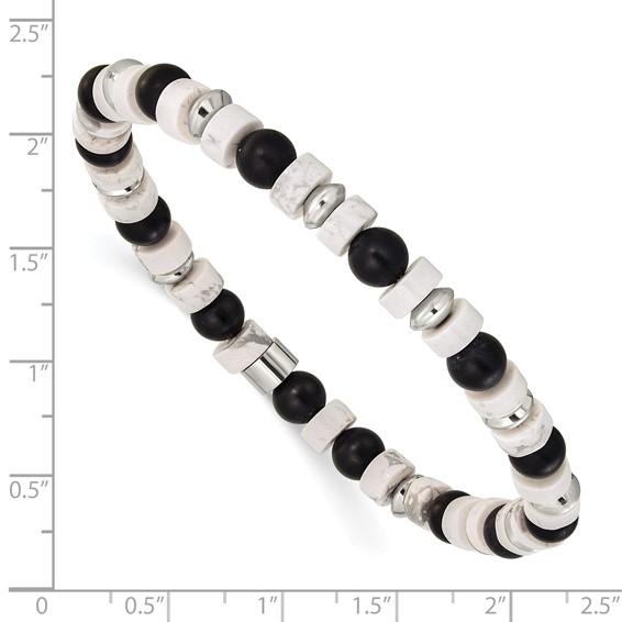 Chisel Stainless Steel Polished 6.60mm White Howlite and Black Onyx Beaded 7.5 inch Stretch Bracelet