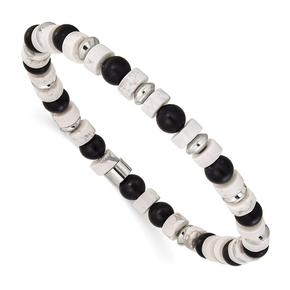Chisel Stainless Steel Polished 6.60mm White Howlite and Black Onyx Beaded 7.5 inch Stretch Bracelet