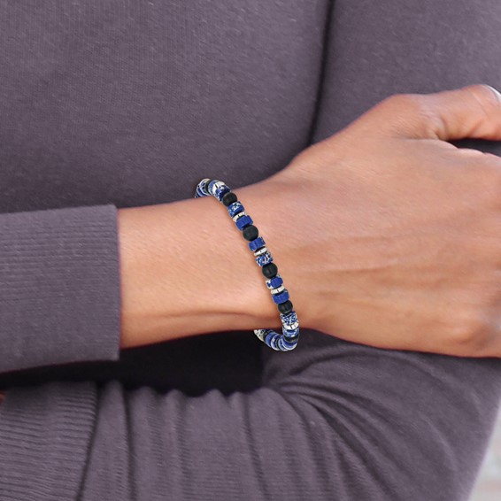 Chisel Stainless Steel Polished 6.40mm Blue Emperor and Black Onyx Beaded 7.5 inch Stretch Bracelet