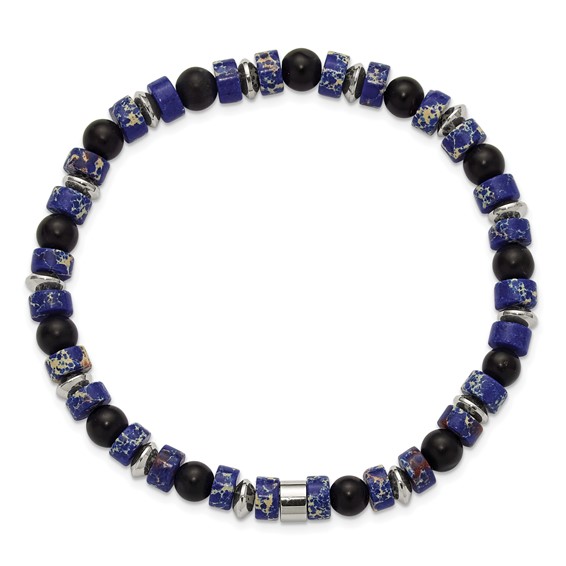 Chisel Stainless Steel Polished 6.40mm Blue Emperor and Black Onyx Beaded 7.5 inch Stretch Bracelet