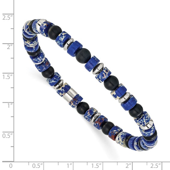 Chisel Stainless Steel Polished 6.40mm Blue Emperor and Black Onyx Beaded 7.5 inch Stretch Bracelet