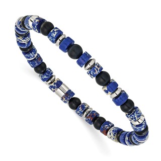 Chisel Stainless Steel Polished 6.40mm Blue Emperor and Black Onyx Beaded 7.5 inch Stretch Bracelet