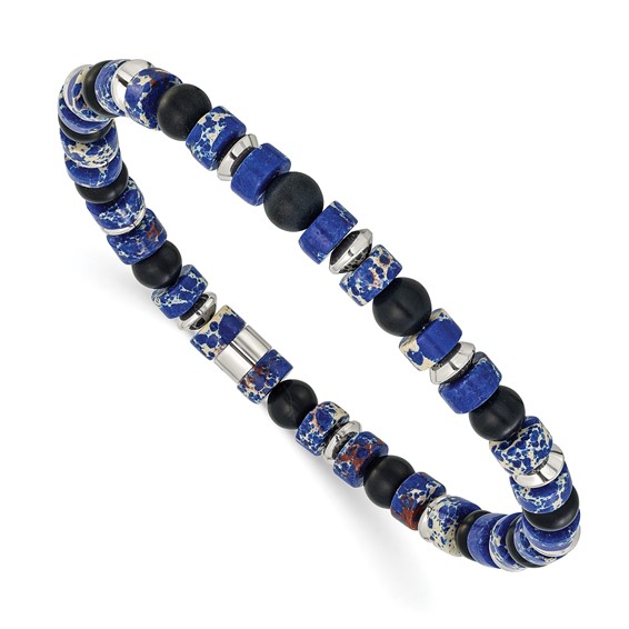 Chisel Stainless Steel Polished 6.40mm Blue Emperor and Black Onyx Beaded 7.5 inch Stretch Bracelet