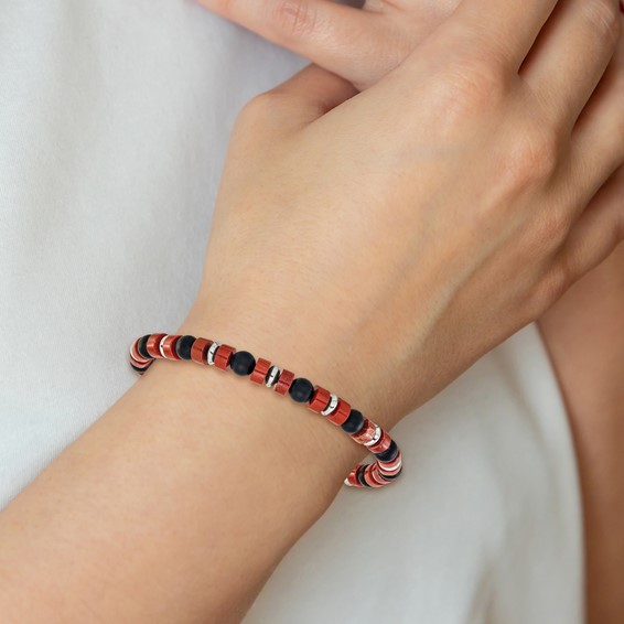 Chisel Stainless Steel Polished 6.30mm Red Agate and Black Onyx Beaded 7.5 inch Stretch Bracelet