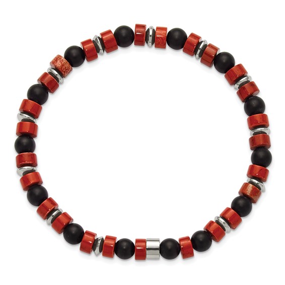Chisel Stainless Steel Polished 6.30mm Red Agate and Black Onyx Beaded 7.5 inch Stretch Bracelet