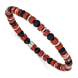 Chisel Stainless Steel Polished 6.30mm Red Agate and Black Onyx Beaded 7.5 inch Stretch Bracelet