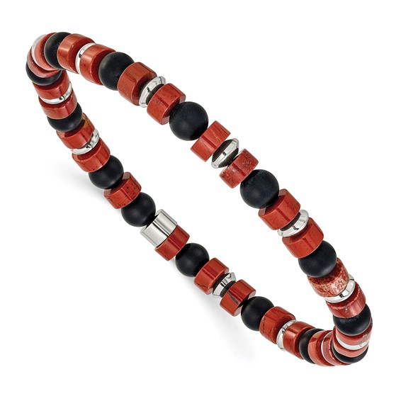 Chisel Stainless Steel Polished 6.30mm Red Agate and Black Onyx Beaded 7.5 inch Stretch Bracelet