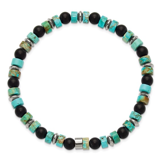 Chisel Stainless Steel Polished 6.30mm Marine-Green Emperor and Onyx Beaded 8 inch Stretch Bracelet
