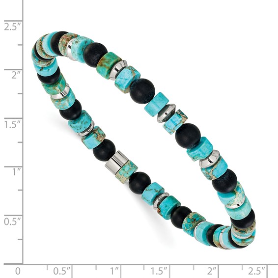 Chisel Stainless Steel Polished 6.30mm Marine-Green Emperor and Onyx Beaded 8 inch Stretch Bracelet