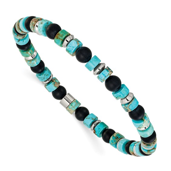 Chisel Stainless Steel Polished 6.30mm Marine-Green Emperor and Onyx Beaded 8 inch Stretch Bracelet