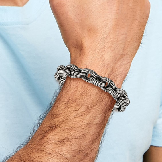 Chisel Stainless Steel Antiqued and Polished 8.5 inch Grooved Link Bracelet