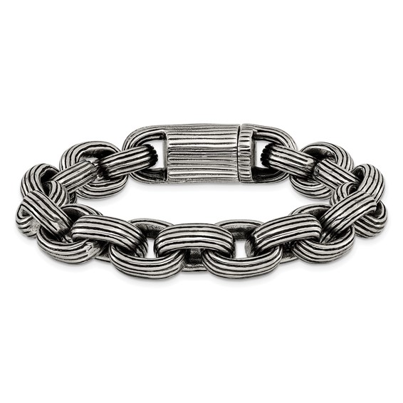 Chisel Stainless Steel Antiqued and Polished 8.5 inch Grooved Link Bracelet