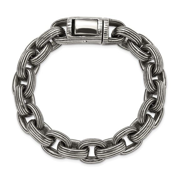 Chisel Stainless Steel Antiqued and Polished 8.5 inch Grooved Link Bracelet